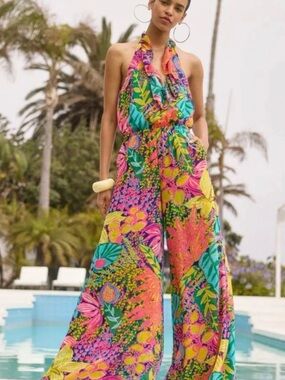 Trina Turk Tropical Halter Wide-Leg Jumpsuit - Multicolor NWT Size M